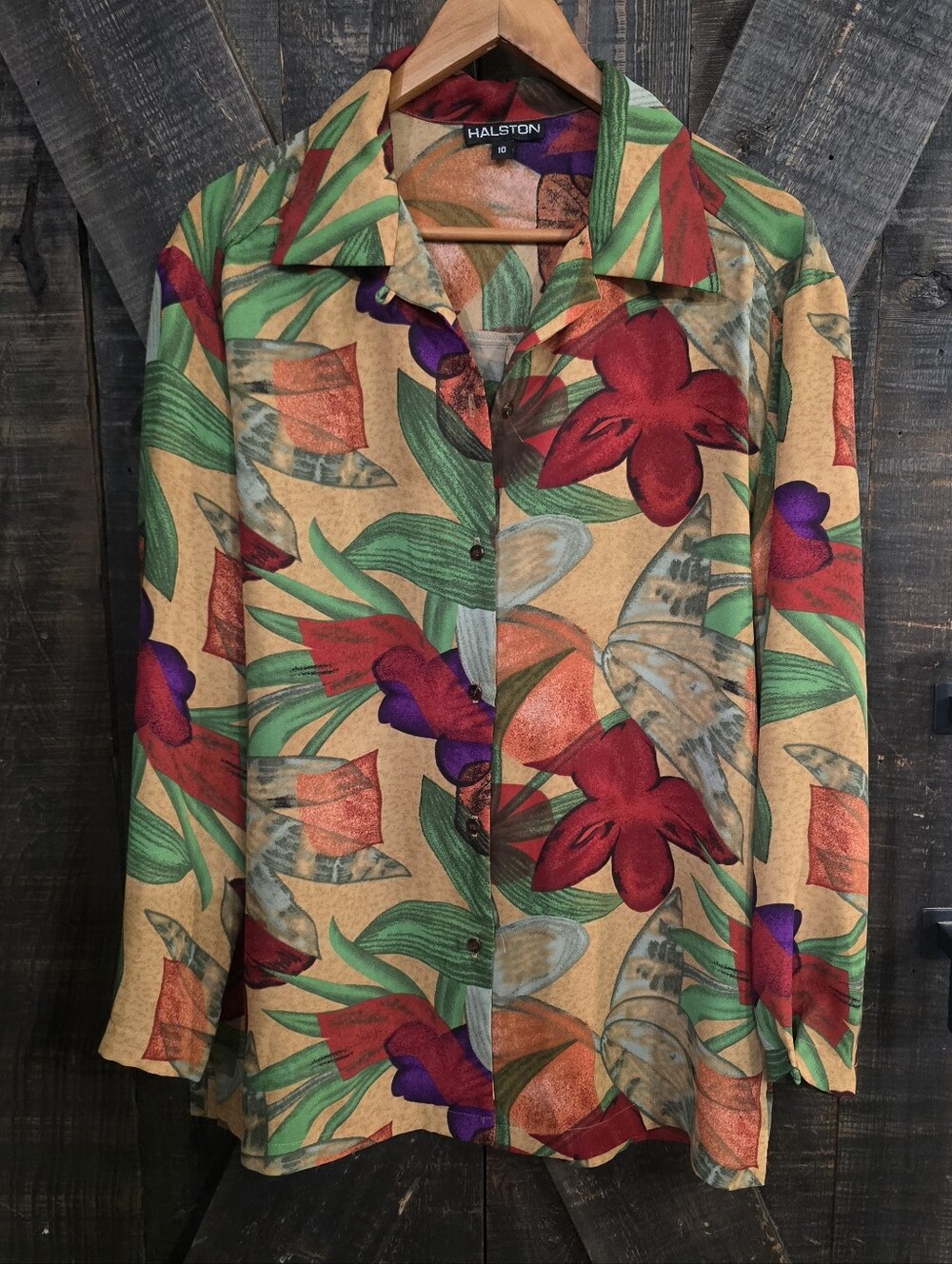 Halston Heritage Tan Button-Down Shirt with Red & Green Floral Print Womens Med